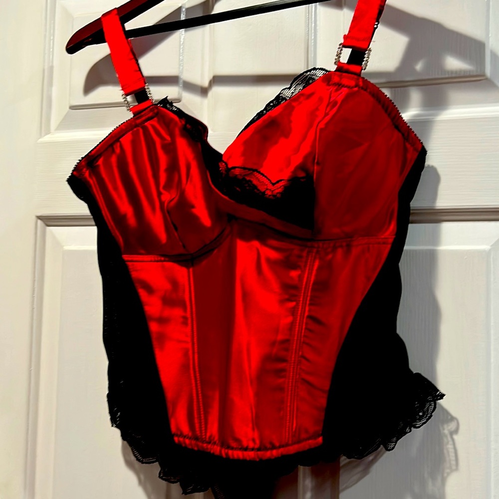 Sexy red and black satin and lace bustier